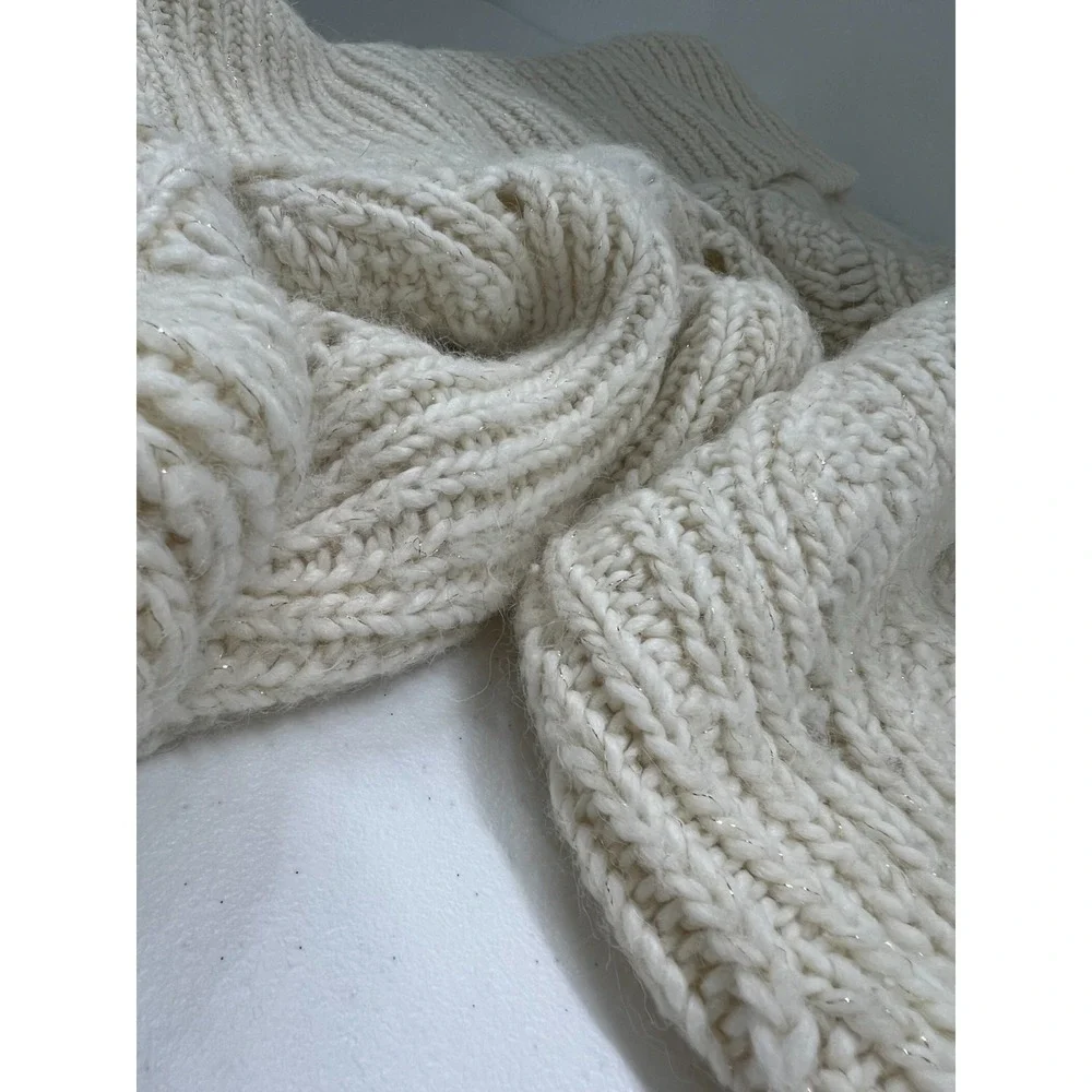 Y2K Bebe Alpaca Wool Metallic Shimmer Cowl Neck Sweater L Chunky Cable Knit US